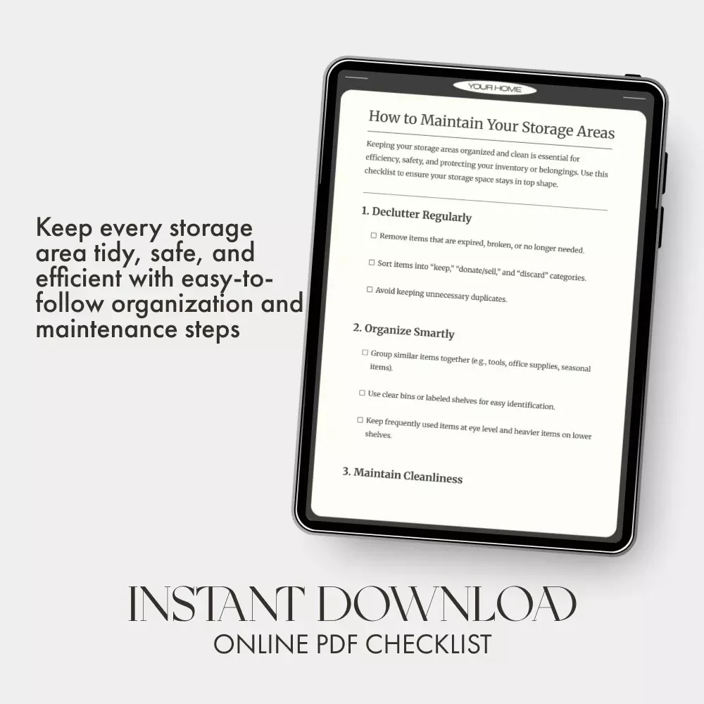 How to Maintain Your Storage Areas Checklist | Printable Home Organization Guide | Digital Download for Decluttering & Storage Maintenance