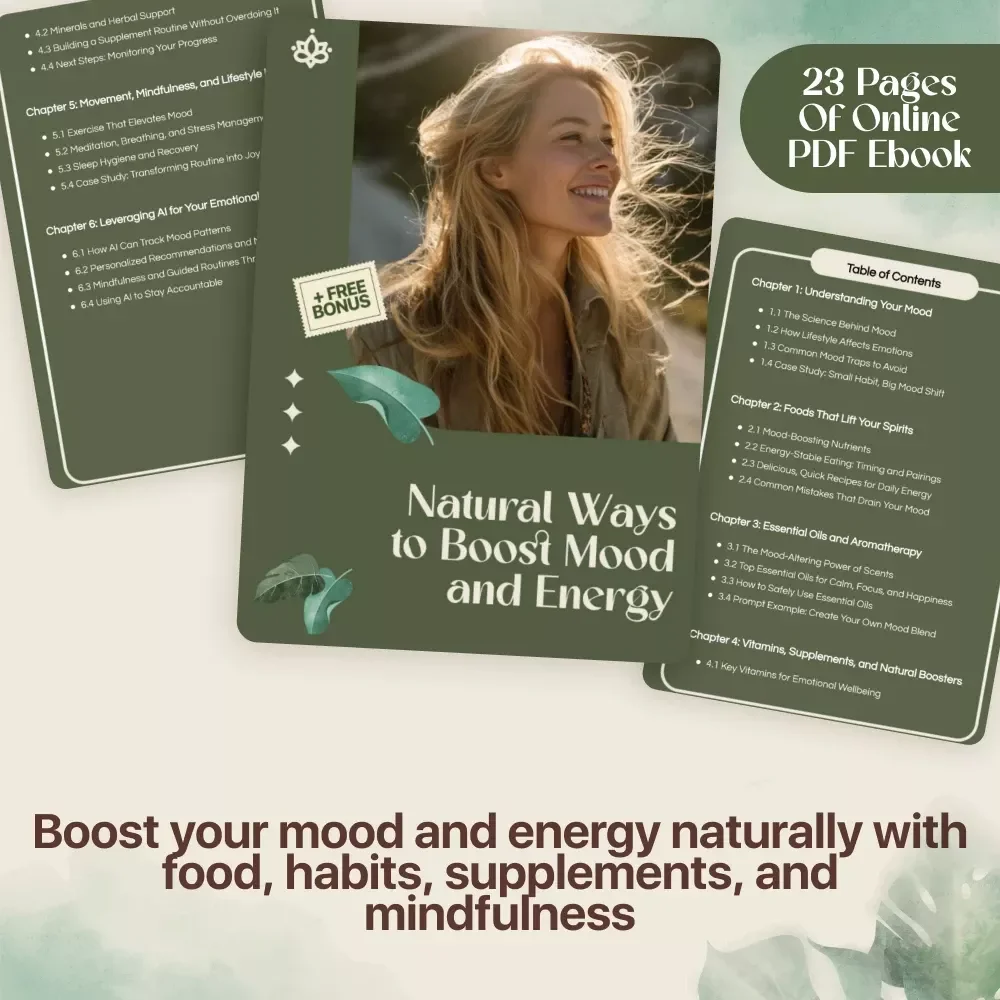 Natural Ways to Boost Mood and Energy | Holistic Wellness eBook | Digital Download Guide with Foods, Essential Oils, Supplements, Lifestyle, and Mindfulness Tips