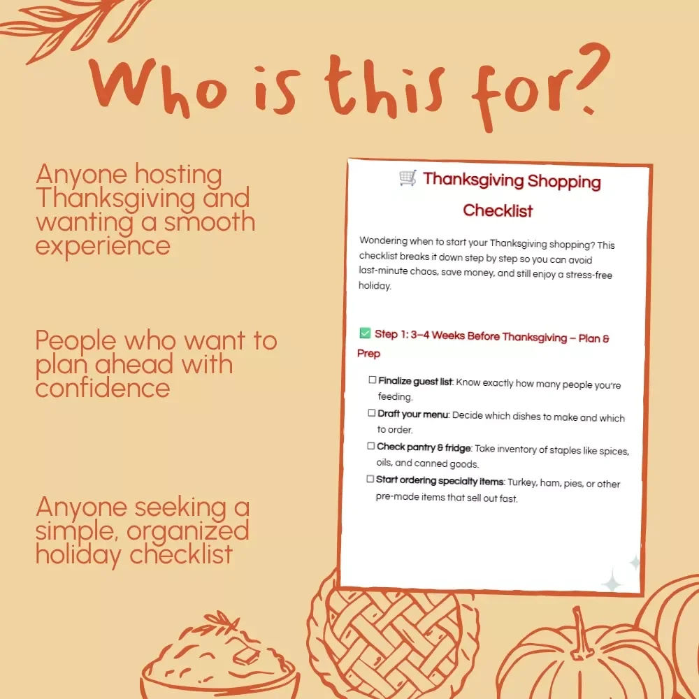 Thanksgiving Shopping Checklist | Printable Holiday Planner | Step-by-Step Grocery Guide for Thanksgiving Dinner | Digital Download PDF | Stress-Free Meal Prep Organizer