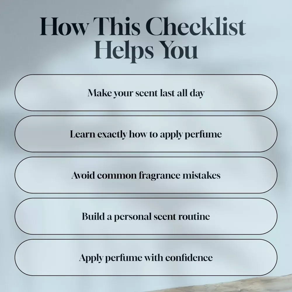 Perfume Application Made Easy: Your Go-To Checklist for a Lasting Scent | How to Apply Perfume | Printable Fragrance Guide & Scent Routine Tips