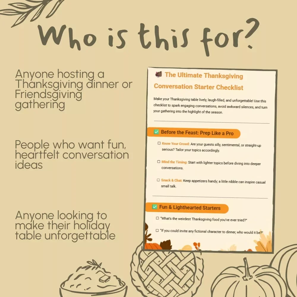 The Ultimate Thanksgiving Conversation Starter Checklist | Digital Download | Printable Guide for Family Gatherings, Holiday Dinner Games & Festive Ice Breakers