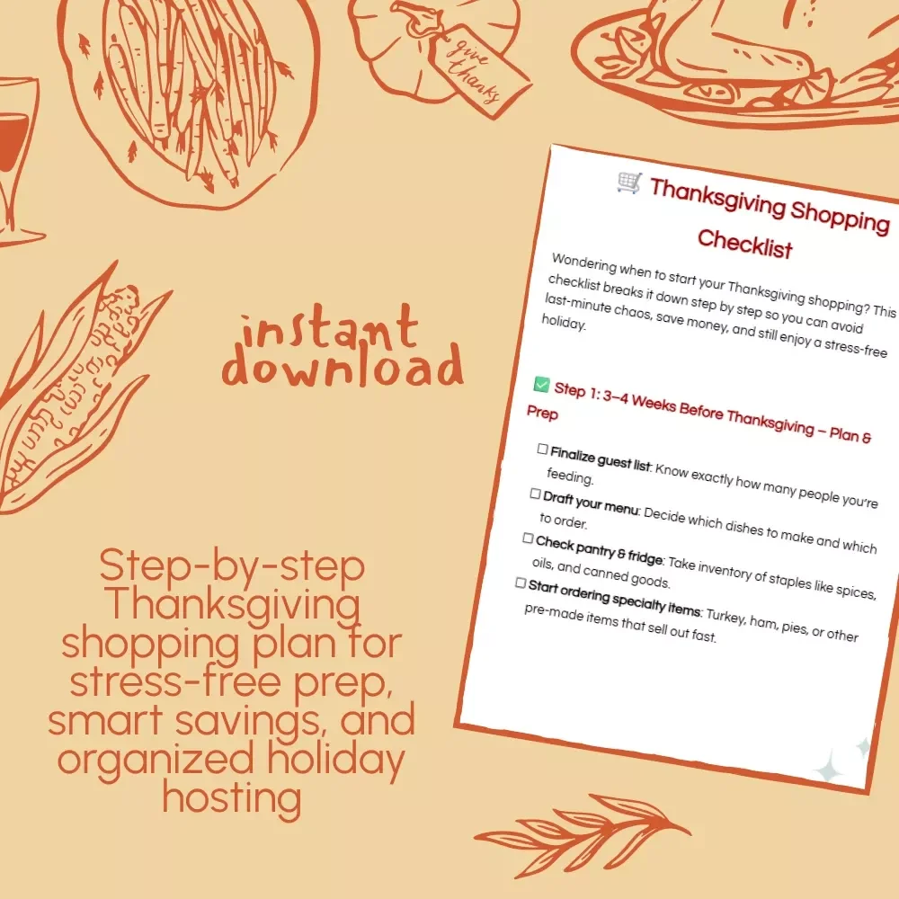 Thanksgiving Shopping Checklist | Printable Holiday Planner | Step-by-Step Grocery Guide for Thanksgiving Dinner | Digital Download PDF | Stress-Free Meal Prep Organizer