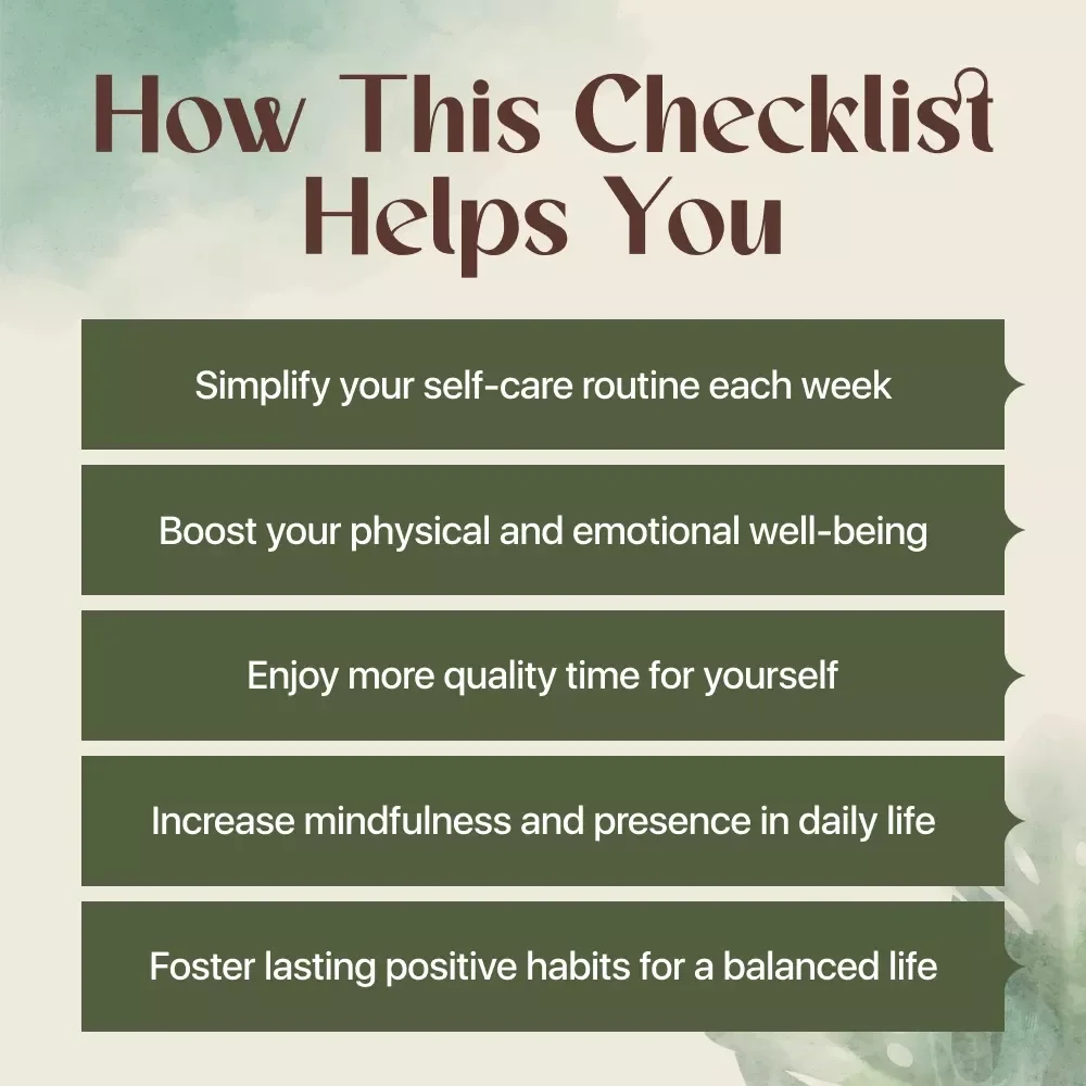 Weekly Self-Care Checklist - Printable Digital Guide for Personal Wellness and Daily Self-Care Routine