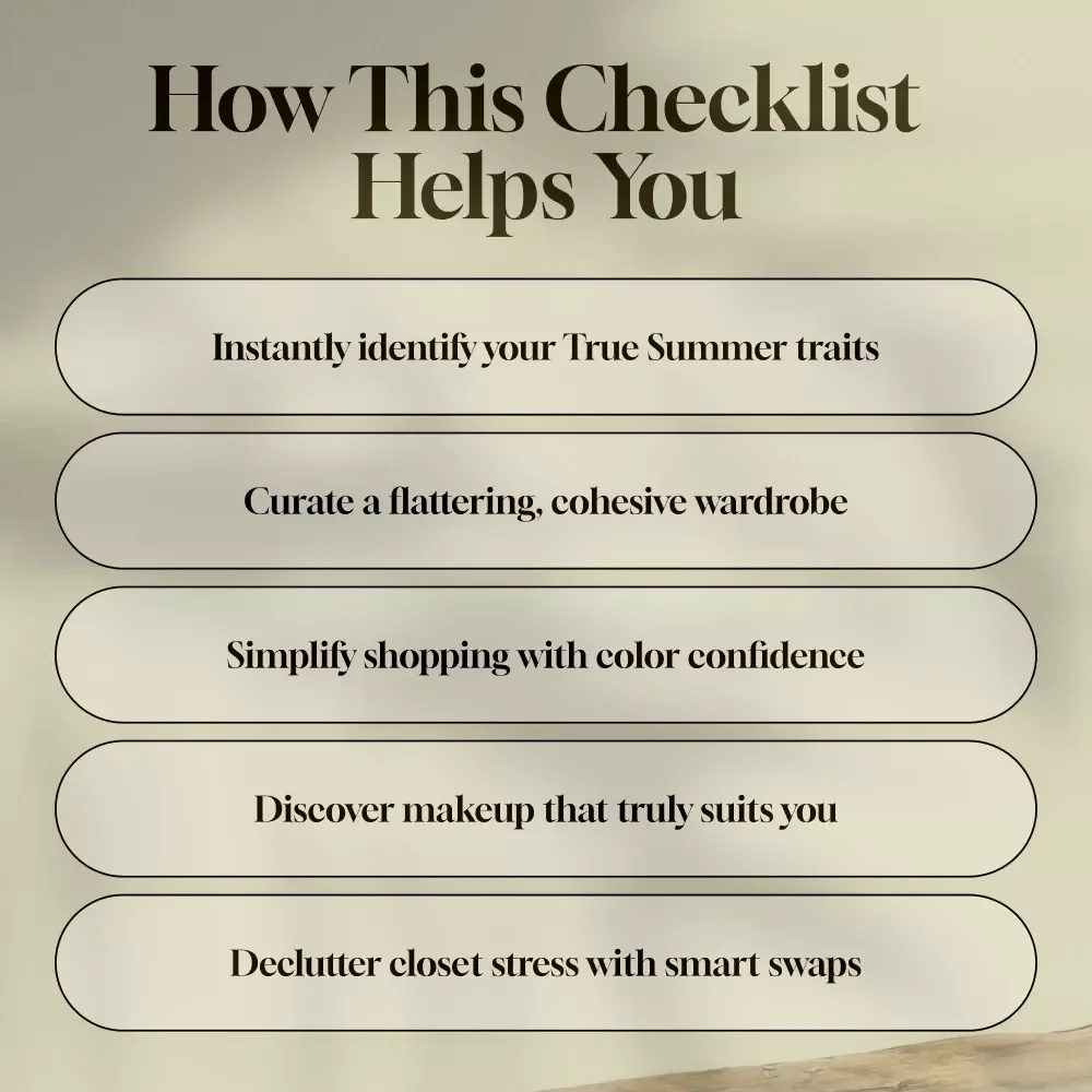 True Summer Glow-Up Checklist | Digital Color Analysis Guide for True Summer Palette | Soft Cool Muted Summer Color Palette Checklist PDF