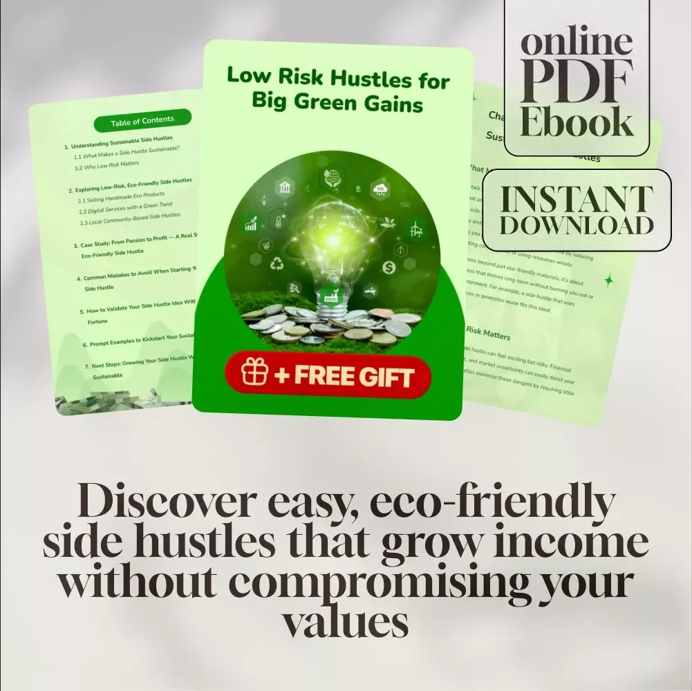 Low Risk Hustles for Big Green Gains | Sustainable Side Hustles with Low Risk eBook Guide | Eco-Friendly Passive Income Ideas PDF