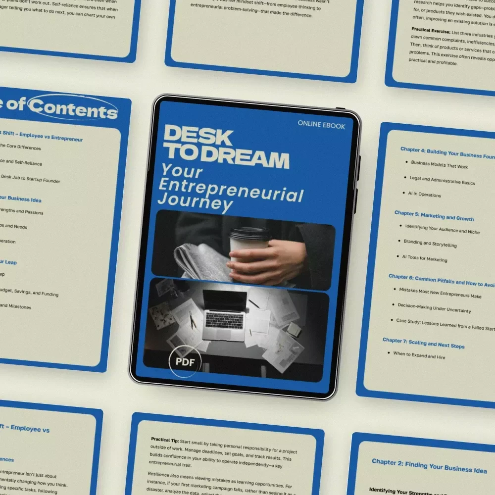 Desk to Dream: Your Entrepreneurial Journey – A Practical eBook on how to go from employee to entrepreneur | Step-by-Step Startup Guide, Mindset Shift, Business Idea Finder, Marketing & Growth Blueprint
