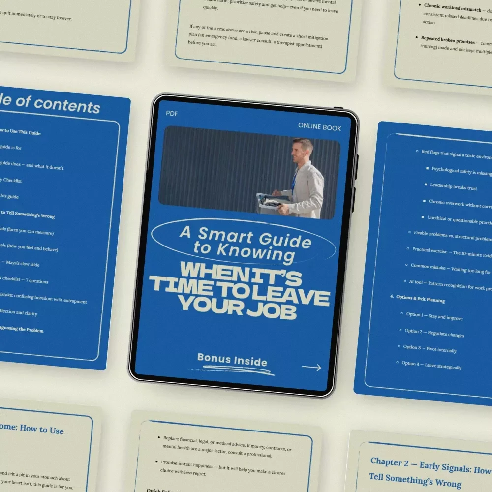 A Smart Guide to Knowing When It’s Time to Leave Your Job — Practical Career Decision eBook on how to know when to leave a job, Exit Strategy Guide, Workplace Red Flags, Career Reset Workbook