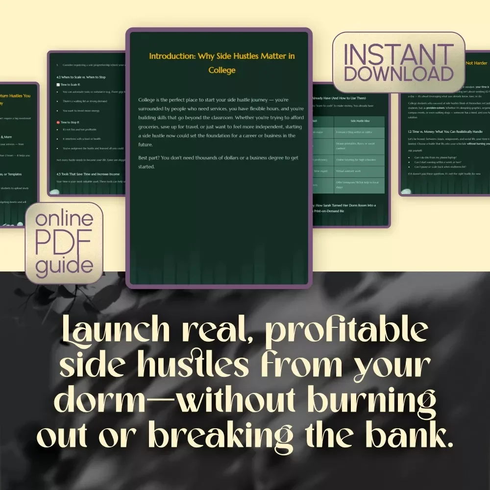 Dorm Room Dollars: Smart Side Hustles for College Students That Actually Work | Digital Guide for Student Entrepreneurs, eBook, Checklist