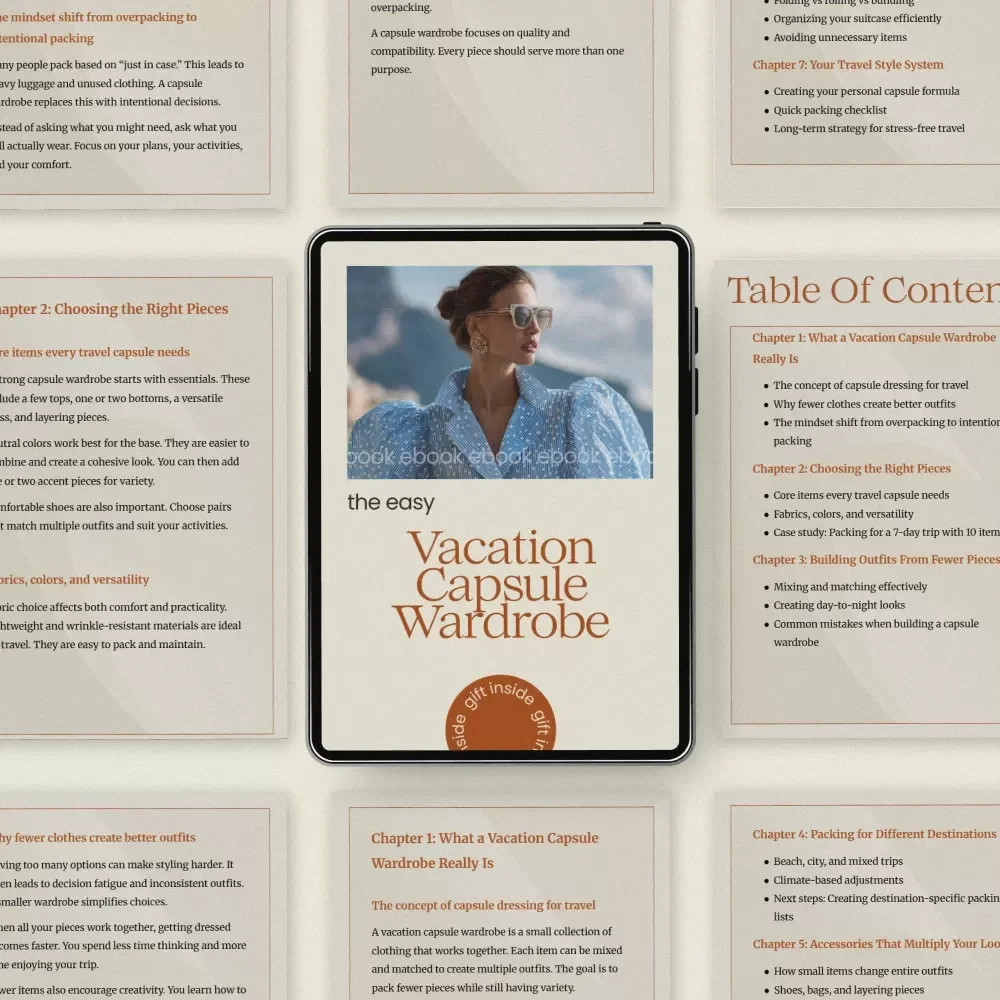 The Easy Vacation Capsule Wardrobe – Travel Packing Guide, Minimalist vacation capsule wardrobe eBook, Mix & Match Outfit Planner, Smart Packing Checklist