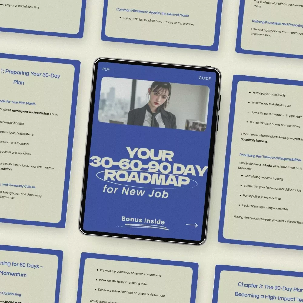 Your 30-60-90 Day Roadmap for New Job – Step-by-Step Guide on how to set up a 30 60 90 day plan for a new job, Career Success Planner, First 90 Days Strategy eBook