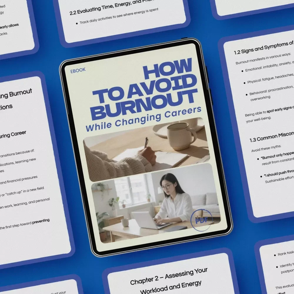 How to Avoid Burnout While Changing Careers – Digital eBook Guide for Stress-Free Career Transition, Productivity, Energy Management & Work-Life Balance