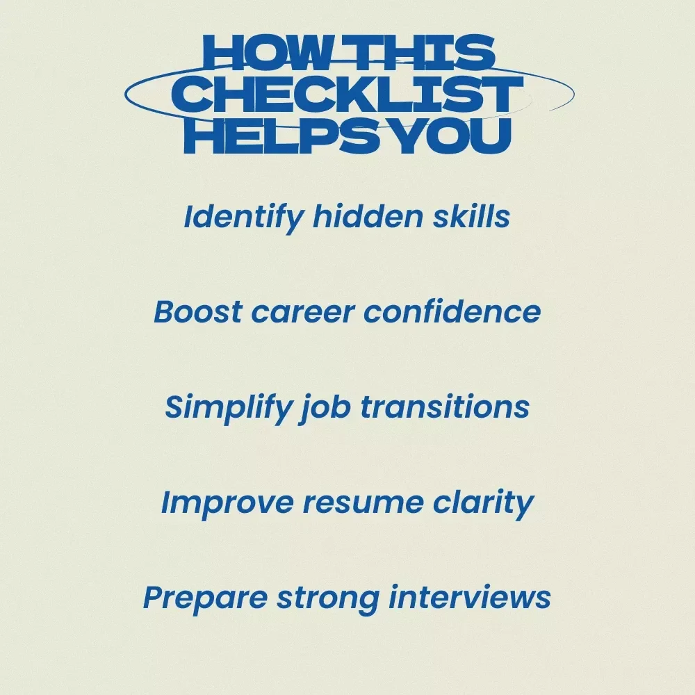 Turn Your Skills Into New Job Opportunities – Checklist for how to identify transferable strengths for a new job, Career Change Printable Guide, Resume & Interview Prep Tool