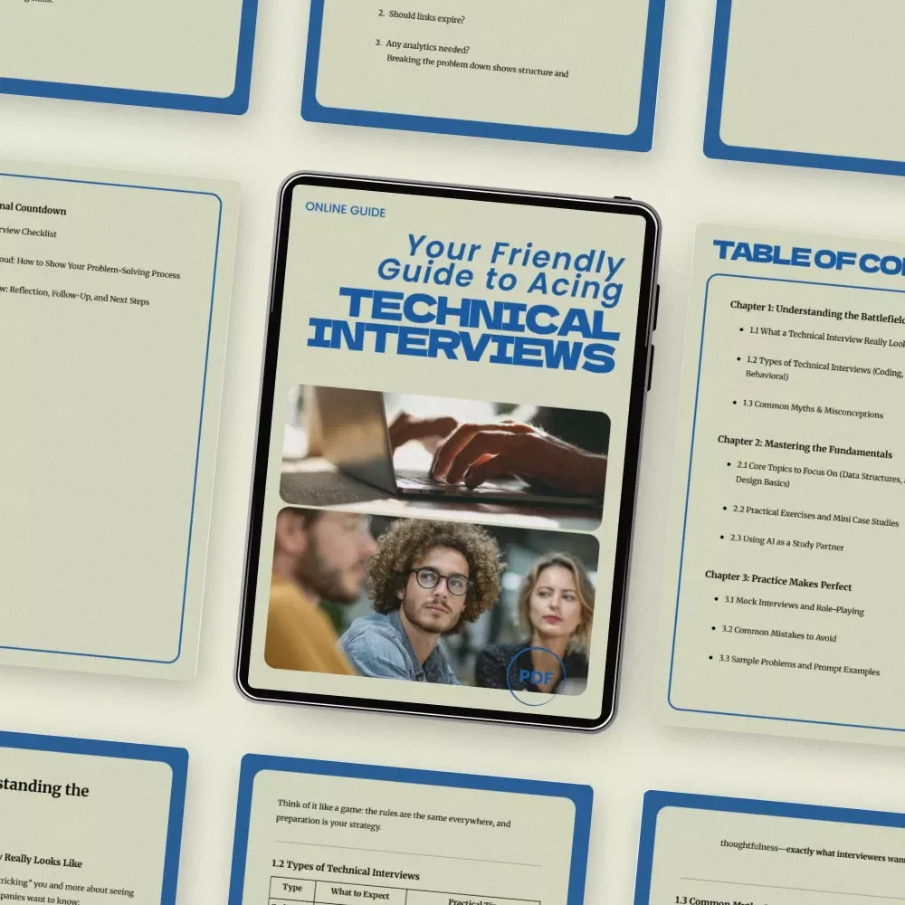 Your Friendly Guide to Acing Technical Interviews – A Practical Guide on how to prepare for a technical interview, Coding & System Design Prep, Mock Interview Tips, AI Study Partner eBook, Digital Download