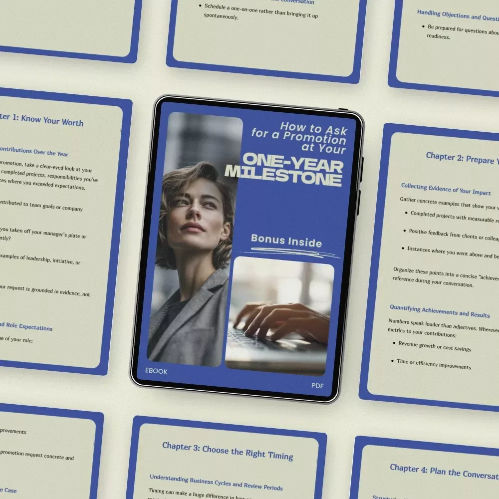 How to Ask for a Promotion at Your One-Year Milestone | Proven Guide on how to ask for a promotion at a one year mark, Career Growth eBook, Salary Negotiation Toolkit
