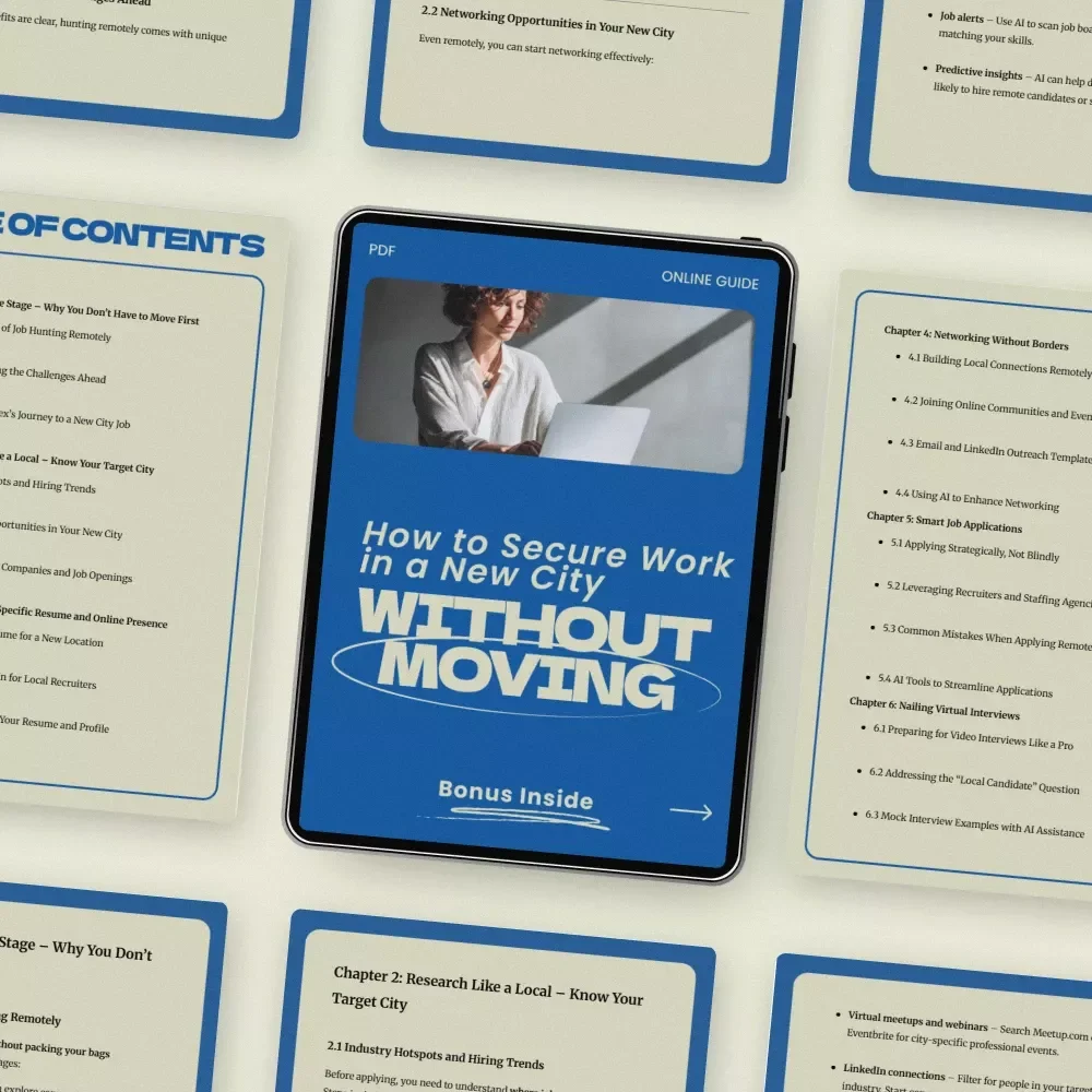 How to Secure Work in a New City Without Moving – eBook Guide | How to Find a Job in a New City Without Moving First | Remote Job Search Strategy, Networking, Resume & Interview Tips