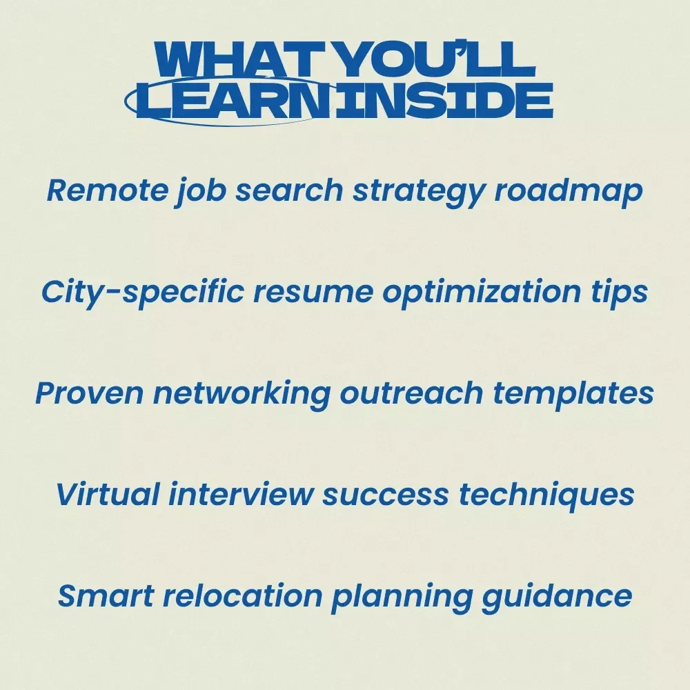 How to Secure Work in a New City Without Moving – eBook Guide | How to Find a Job in a New City Without Moving First | Remote Job Search Strategy, Networking, Resume & Interview Tips