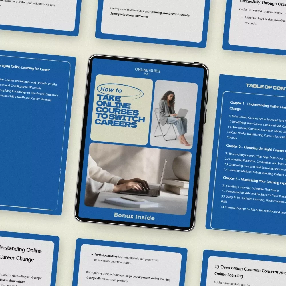 How to Take Online Courses to Switch Careers – Ultimate Career Change Guide, Online Learning Strategy eBook, Skill Building & Job Transition Checklist