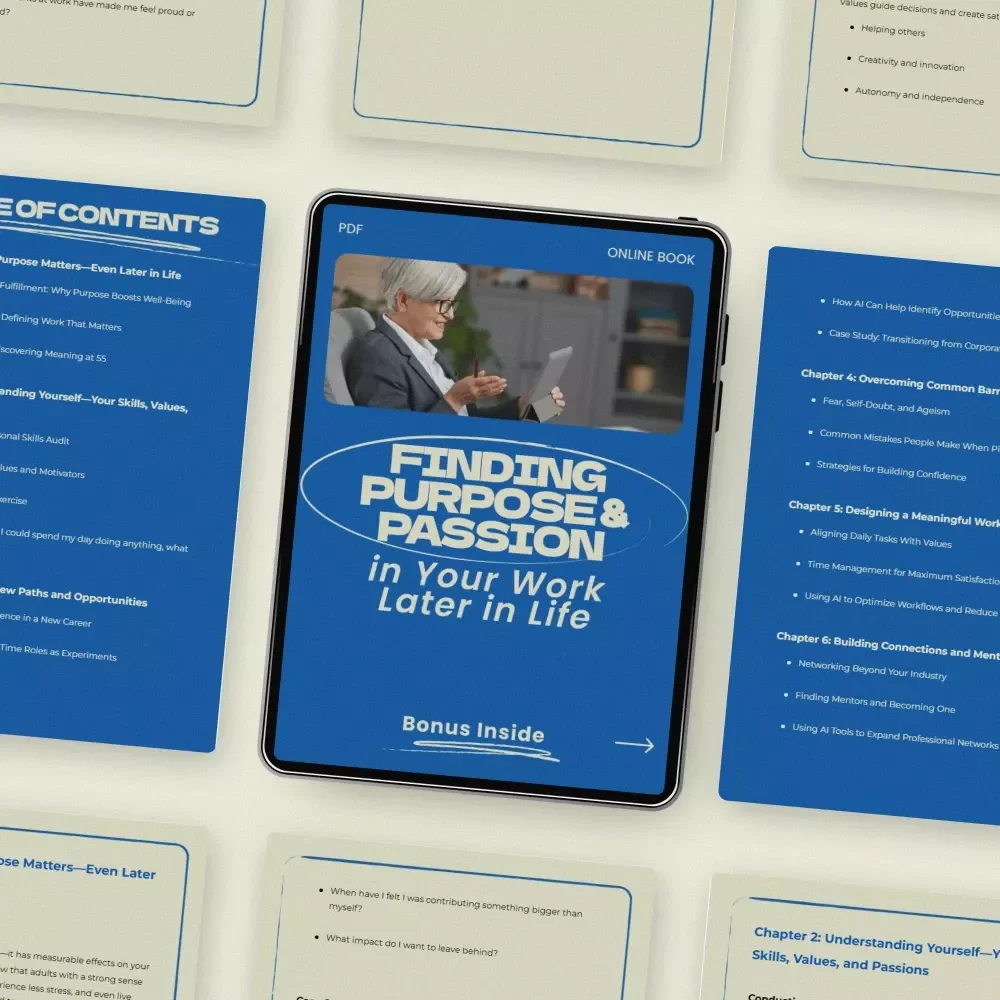 Finding Purpose and Passion in Your Work Later in Life – A Practical eBook Guide on how to find purpose in your work later in life, Career Reinvention, Second Act Planning, Meaningful Work Discovery, and Personal Fulfillment After 50