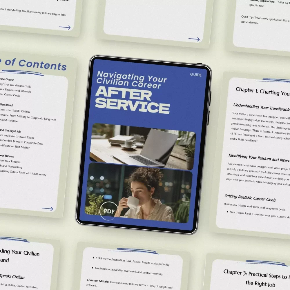 Navigating Your Civilian Career After Service – Complete Guide on how to transition from military to civilian career, Resume Tips, Job Search Strategy, AI Tools & Career Planning eBook
