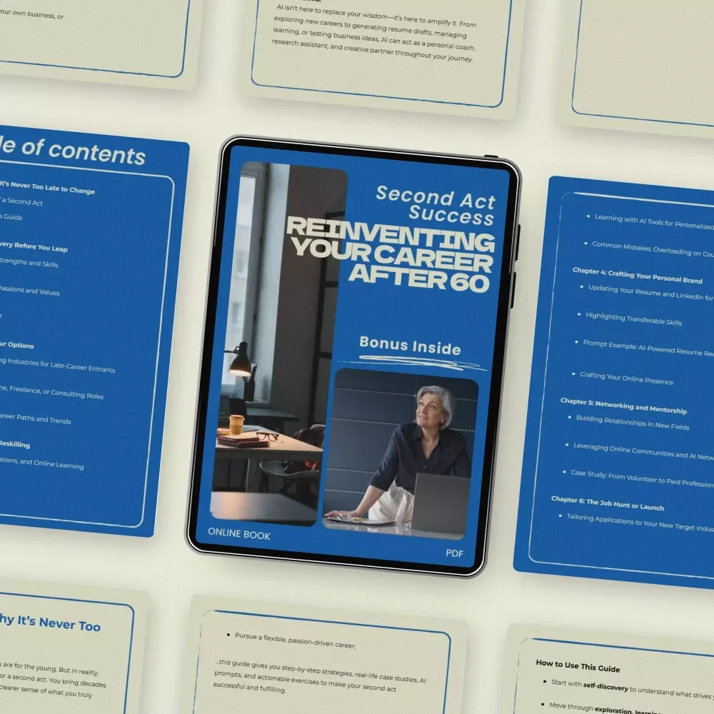 Second Act Success: Reinventing Your Career After 60 – eBook Guide on how to make a career change in your 60s, Late-Life Career Pivot Workbook, Retirement Reinvention Plan, Skills & Networking Strategy for New Careers After 60
