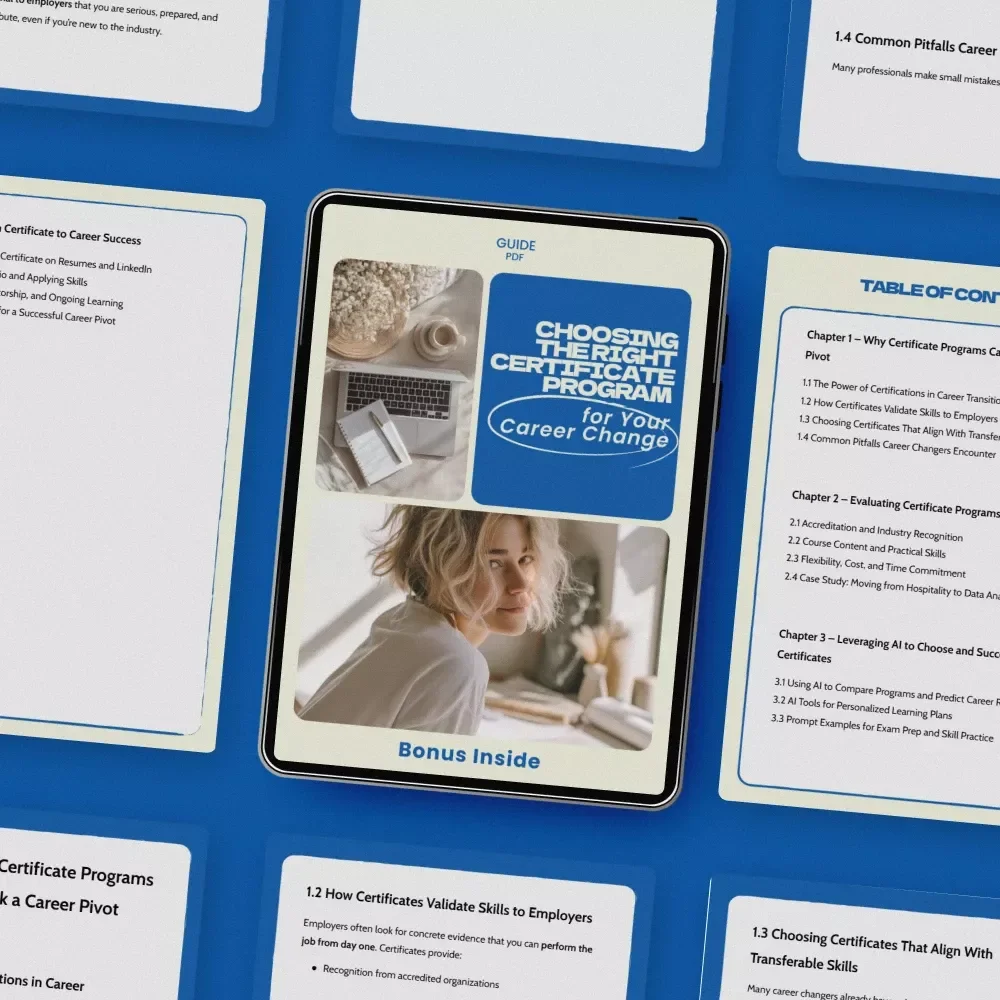 Choosing the Right Certificate Program for Your Career Change – Ultimate Guide on how to choose a certificate program for a career pivot, Career Switch Planner, Certification Roadmap eBook