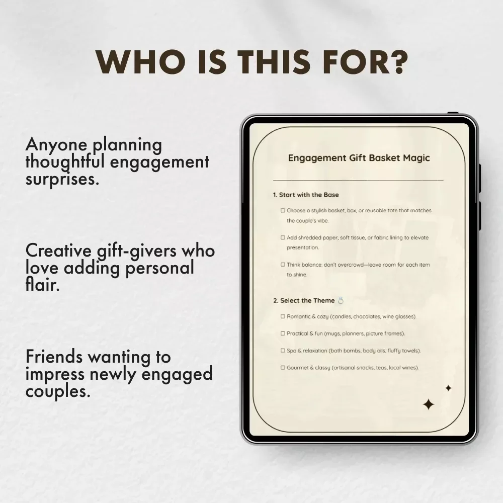 Engagement Gift Basket Magic | Printable Checklist for Engagement Gift Baskets | DIY Engagement Gift Basket Ideas Guide | Thoughtful Engagement Gift Inspiration